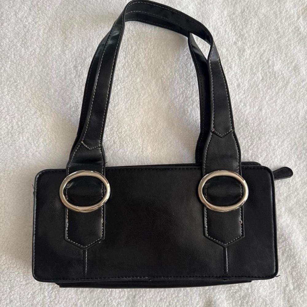 Y2k black faux leather shoulder with silver hardware buckles